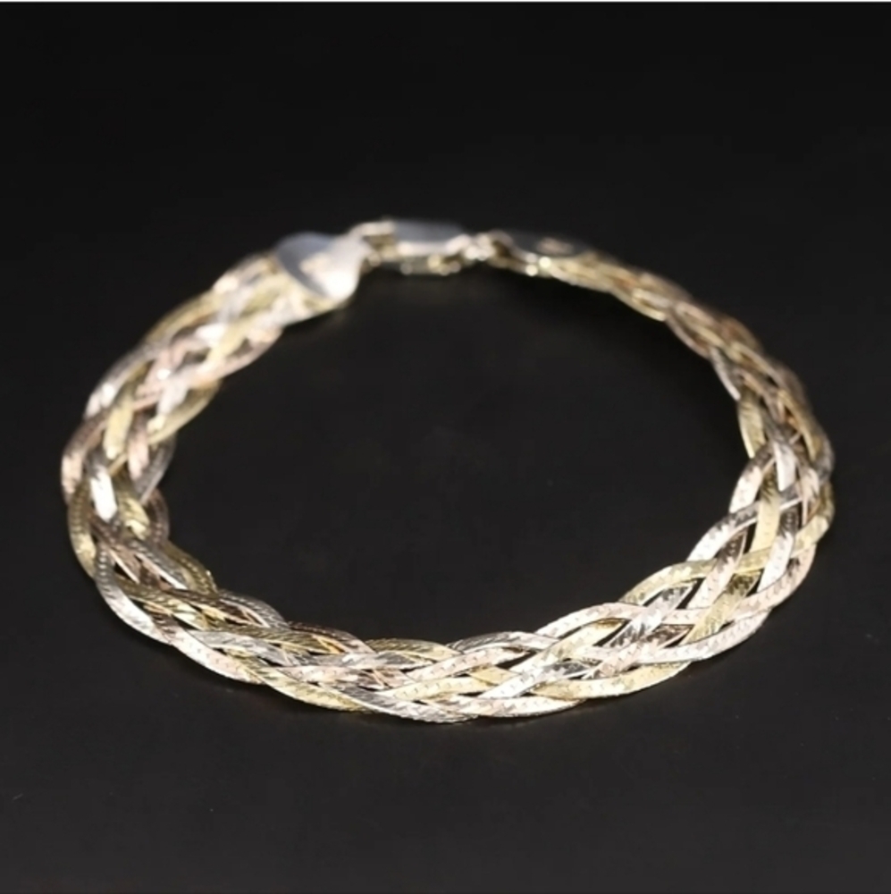 Sterling silver 7" herringbone chain 7‎ mm braided tri color bracelet
